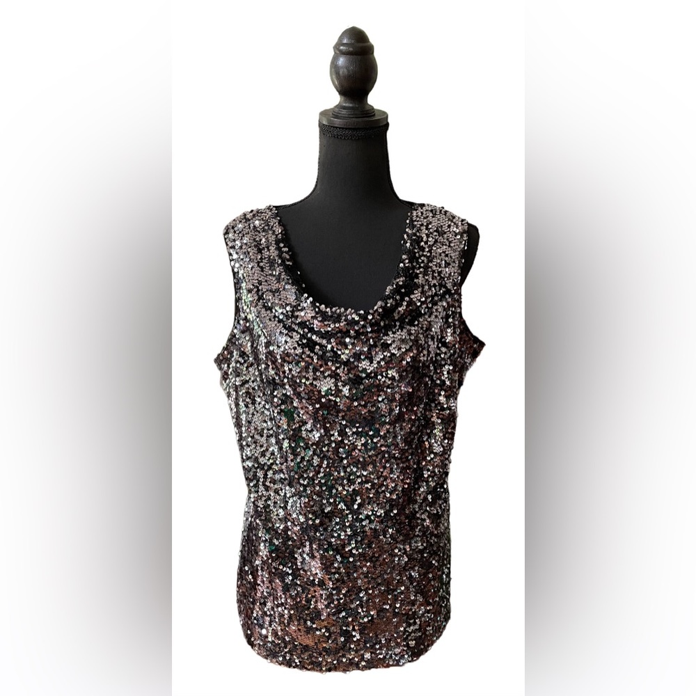 Calvin Klein: Black and Silver Sequin Draped Front Blouse